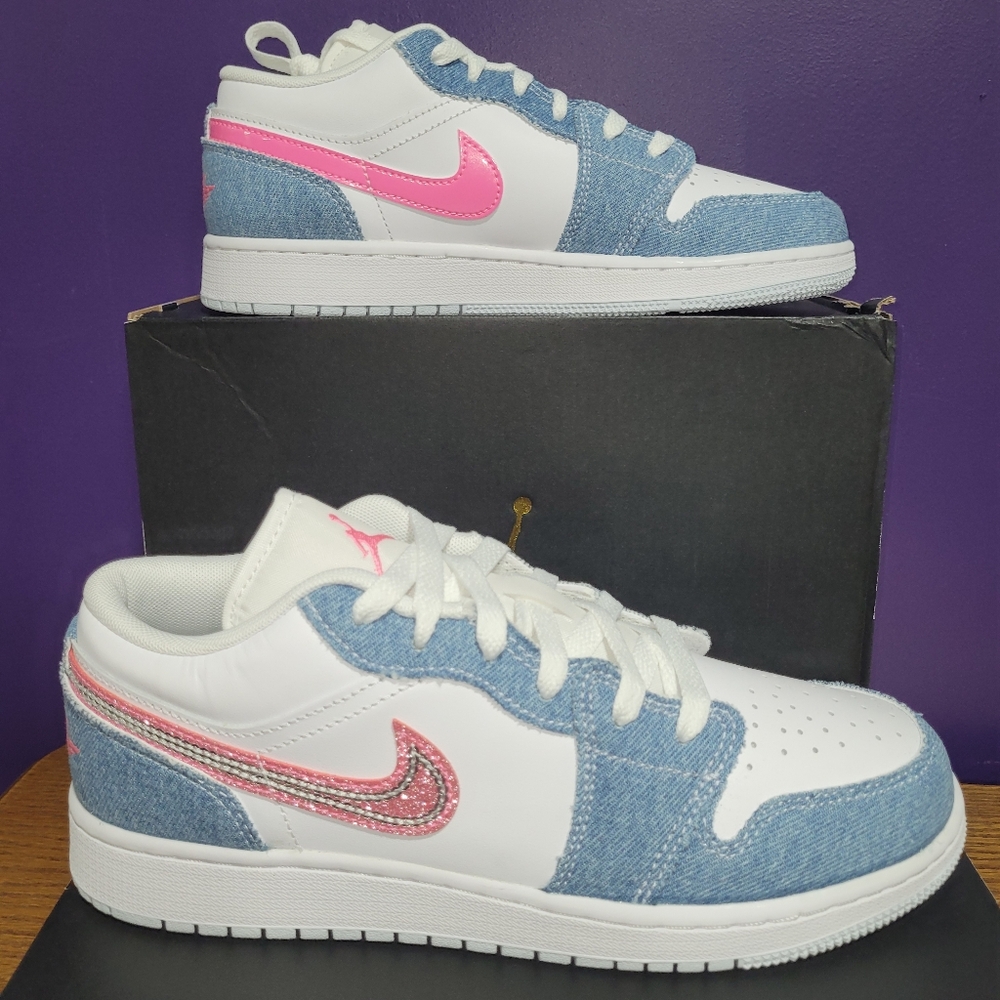 Nike Air Jordan 1 low se gs Denim Cobalt Blue Pink 4.5 Youth 6.5 Womens Eur 36.5